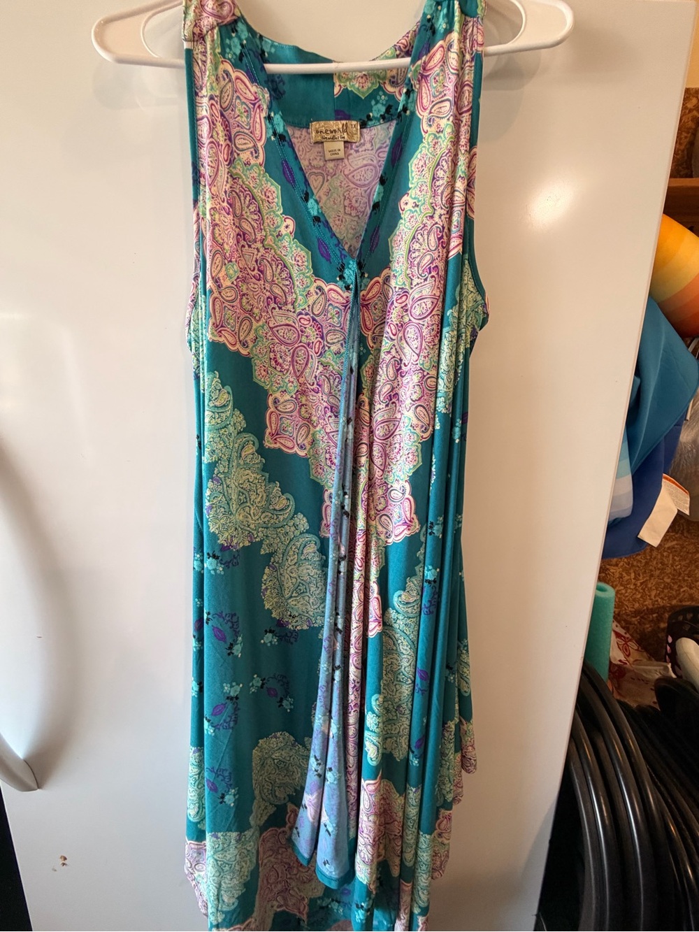 ONE WORLD Teal Paisley Sleeveless Mini Dress with Pink & Purple Accents